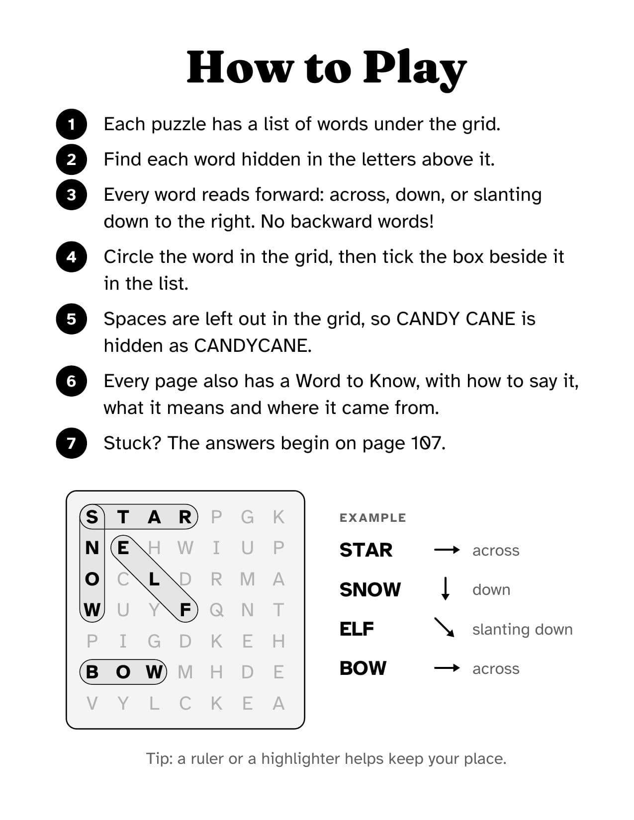 How to Play page with seven numbered steps, one of them about the Word to Know on every page, and a worked example grid showing STAR across, SNOW down, ELF slanting down and BOW across, each circled.