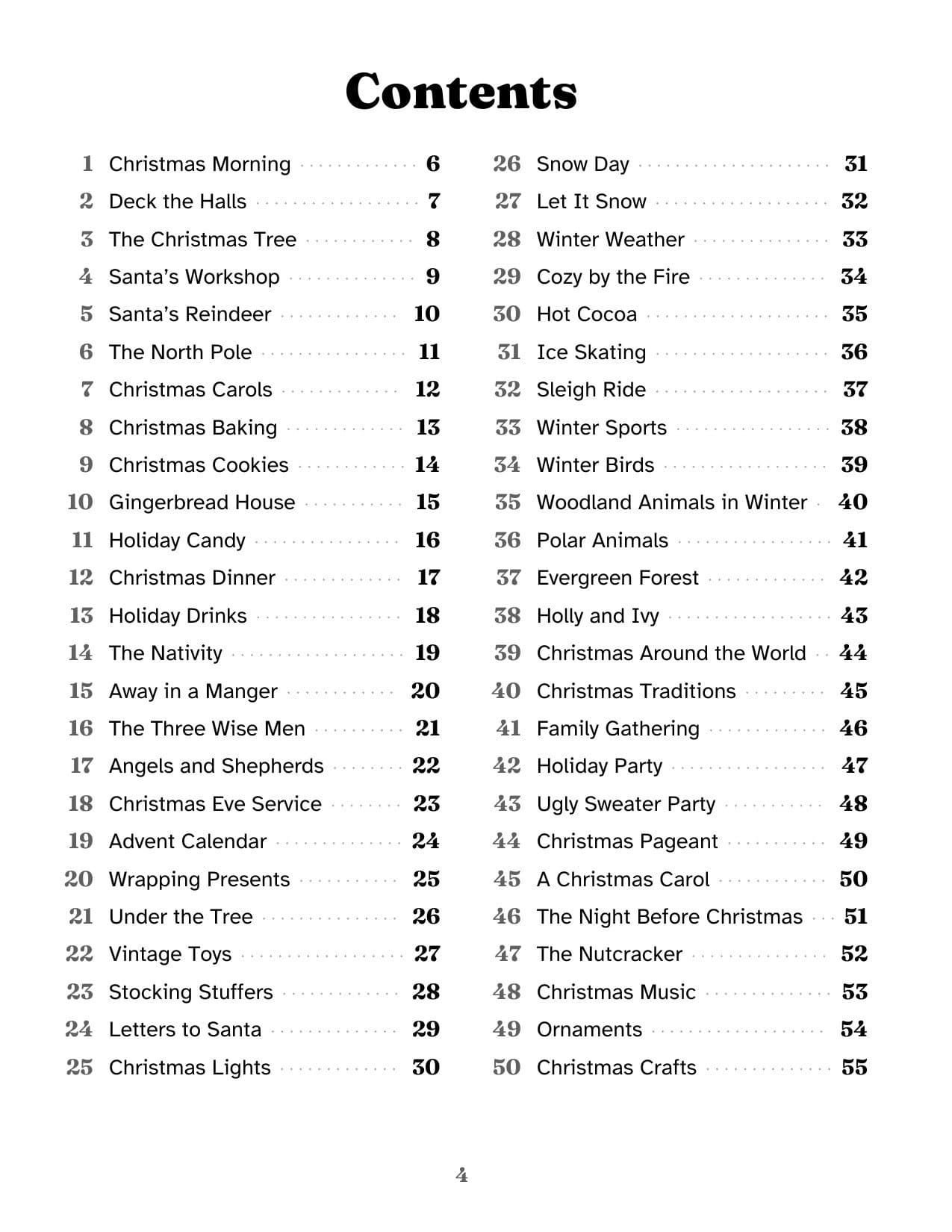 Contents page listing puzzles 1 to 50, from Christmas Morning to Christmas Crafts.