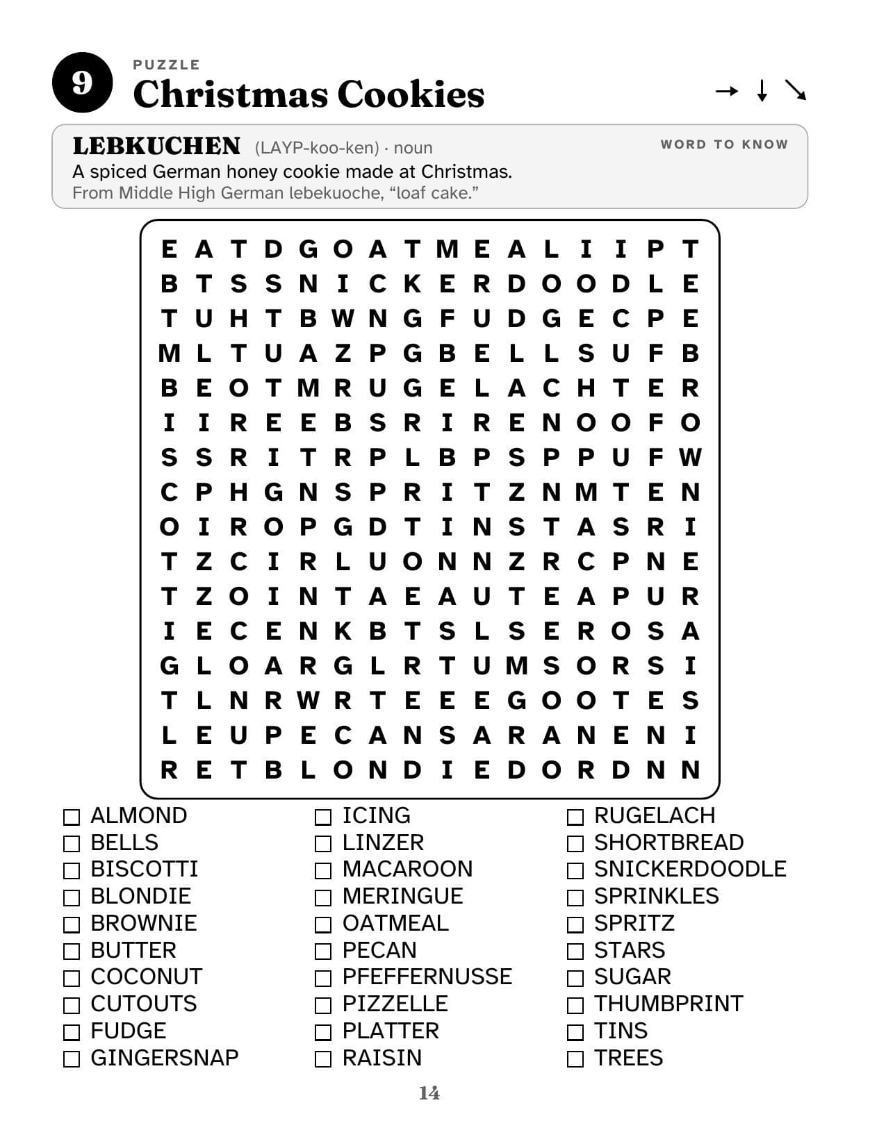 Puzzle 9, Christmas Cookies: a Word to Know card for LEBKUCHEN, a spiced German honey cookie made at Christmas, above a 16 by 16 grid of large bold letters and a list of 30 words with a tick box beside each one.