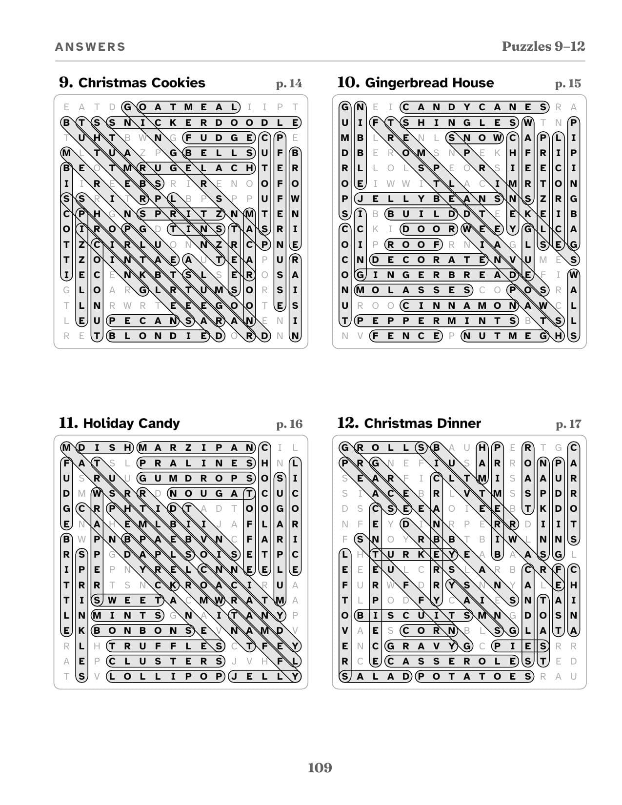 Answer key page 109 showing the solved grids for puzzles 9 to 12, Christmas Cookies among them, with every word circled.