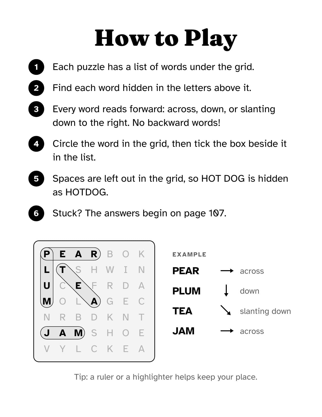 The worked example from the How to Play page: PEAR across, PLUM down, TEA slanting down, JAM across.
