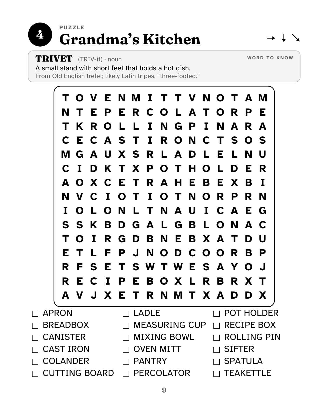 Puzzle 4, Grandma's Kitchen: a Word to Know card for TRIVET, a small stand with short feet that holds a hot dish, above a 15 by 15 grid of large bold letters and a list of 18 words with a tick box beside each one.