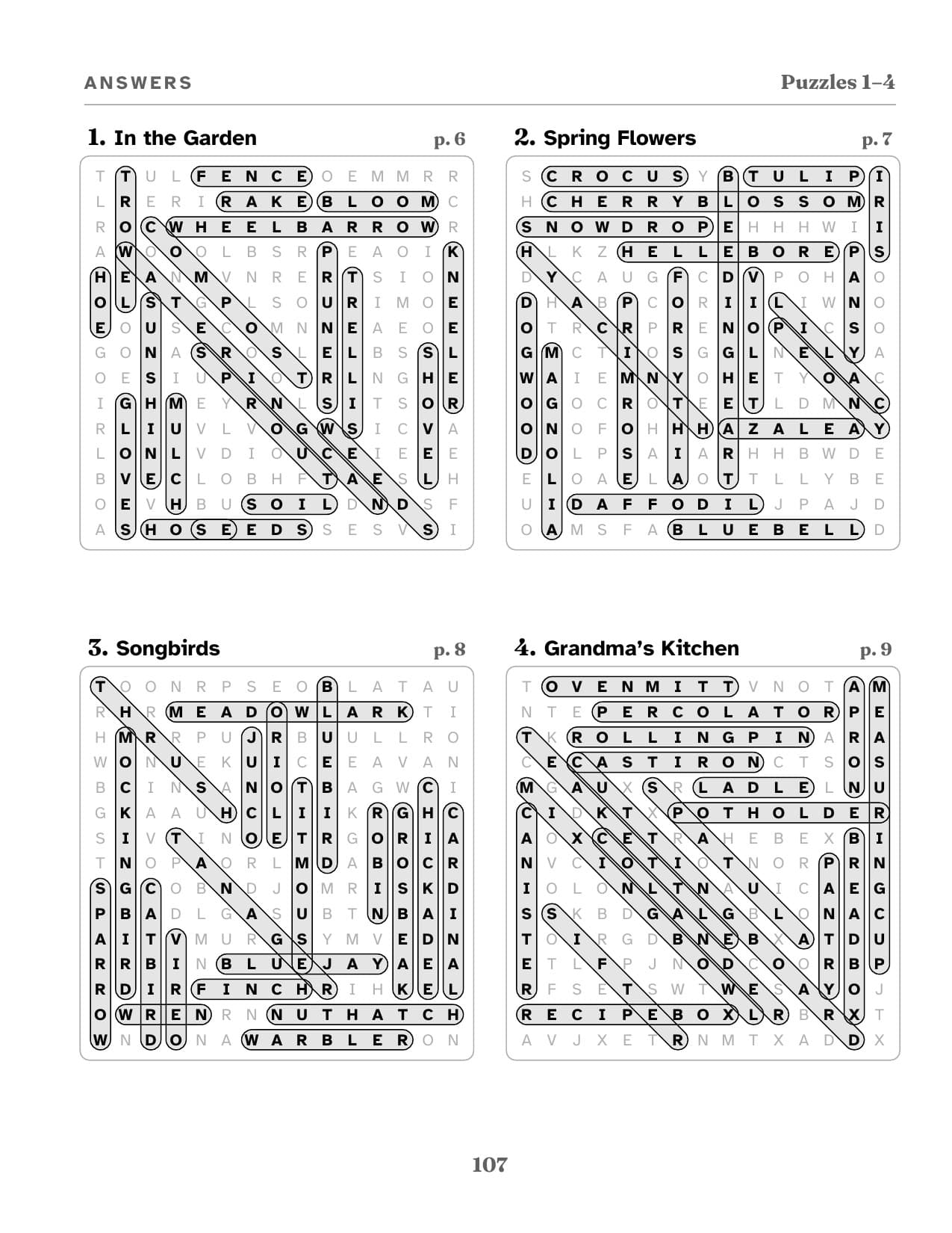 The answer key for Grandma's Kitchen with every word circled.