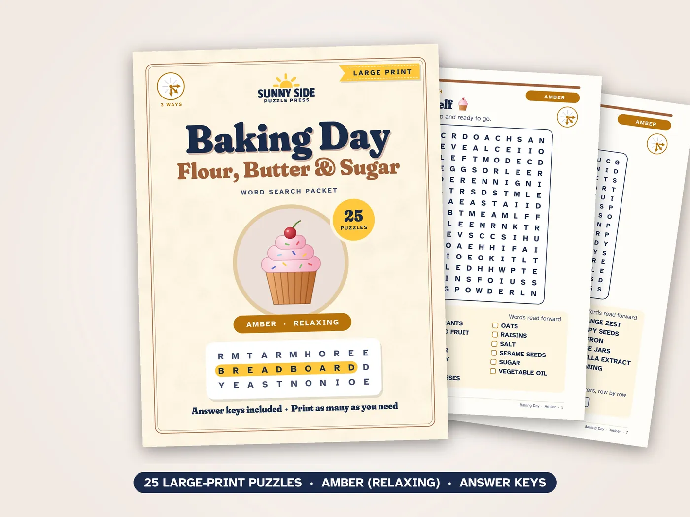 The Baking Day packet, Amber level: its cover and two of its puzzle pages.