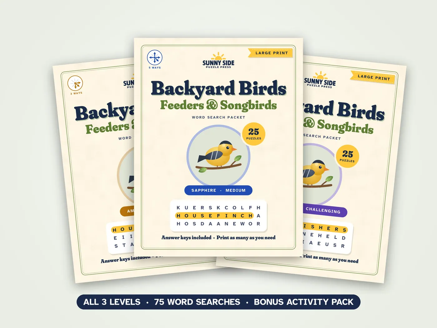 The three Backyard Birds packets, Amber, Sapphire and Diamond, side by side.