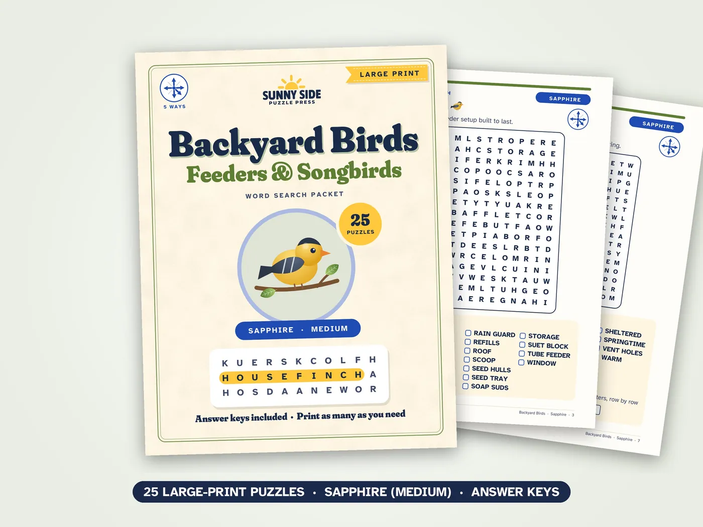 The Backyard Birds packet, Sapphire level: its cover and two of its puzzle pages.