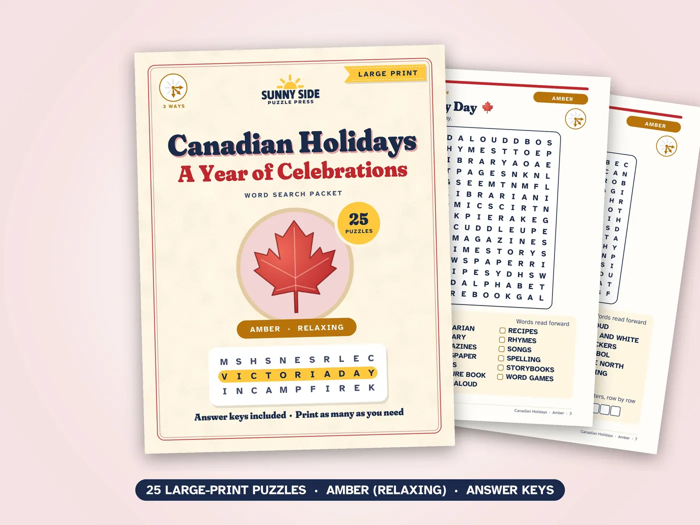 The Canadian Holidays packet, Amber level: its cover and two of its puzzle pages.