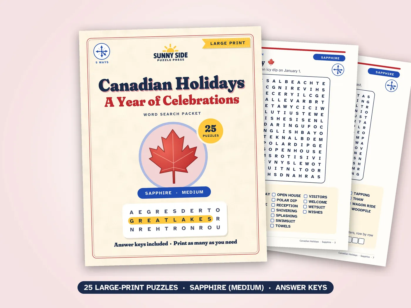 The Canadian Holidays packet, Sapphire level: its cover and two of its puzzle pages.