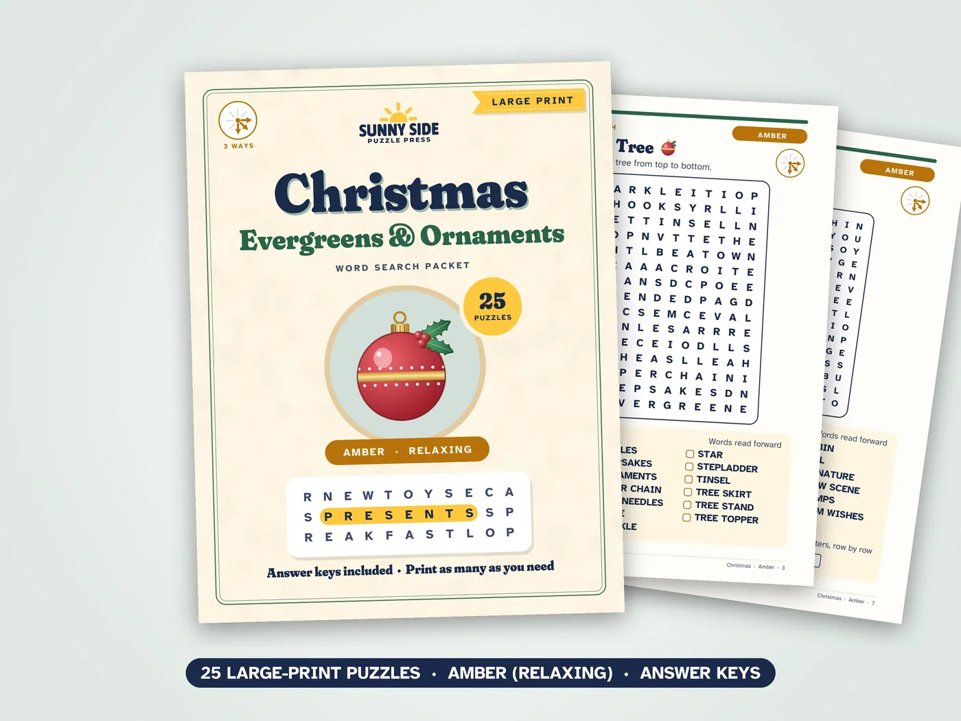 The Christmas packet, Amber level: its cover and two of its puzzle pages.