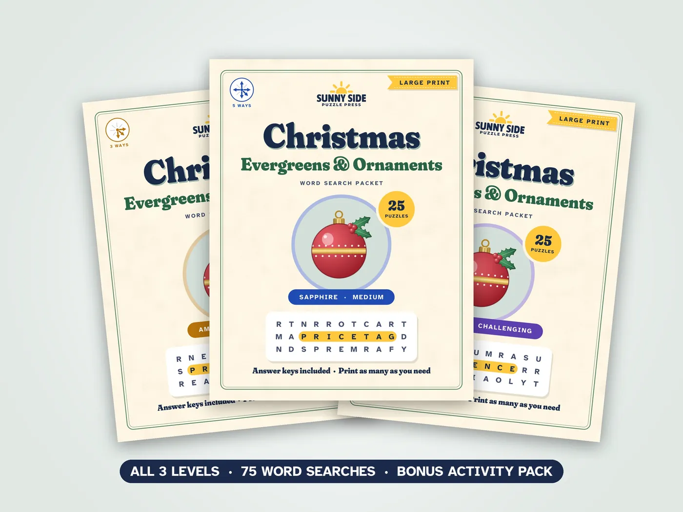 The three Christmas packets, Amber, Sapphire and Diamond, side by side.