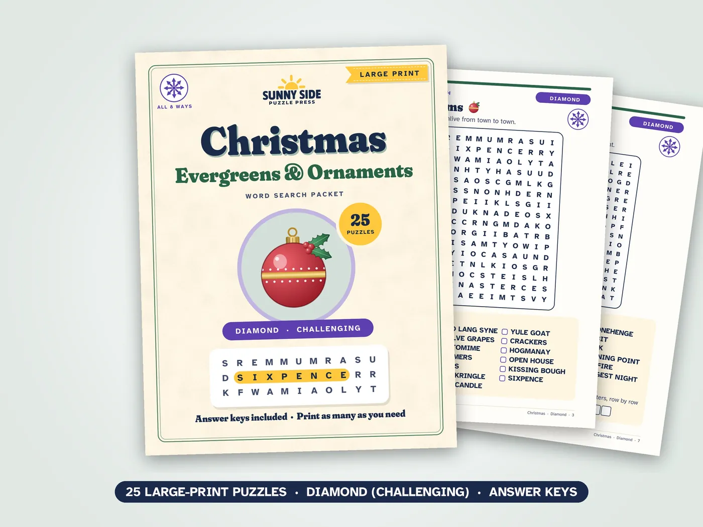The Christmas packet, Diamond level: its cover and two of its puzzle pages.