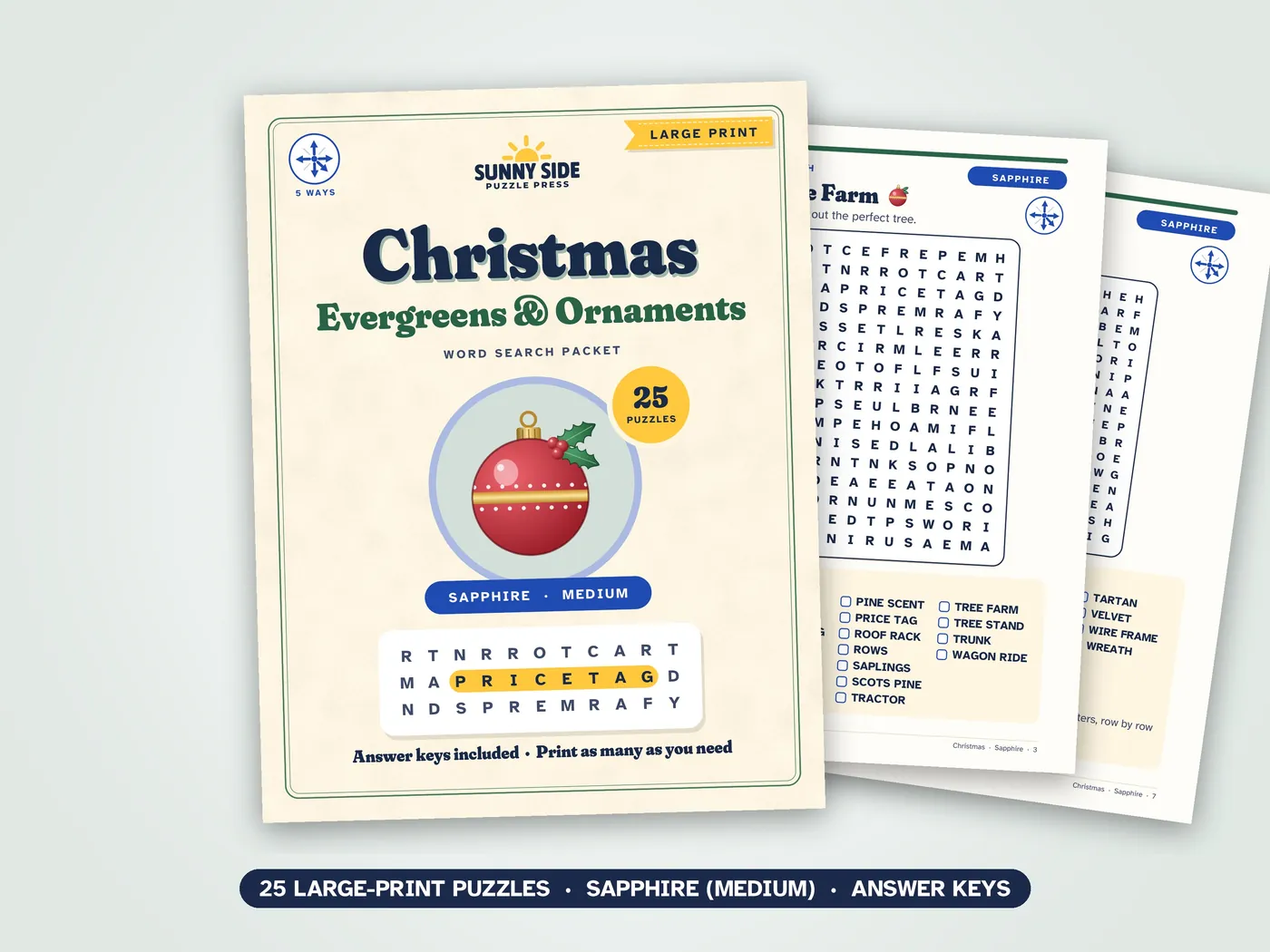 The Christmas packet, Sapphire level: its cover and two of its puzzle pages.