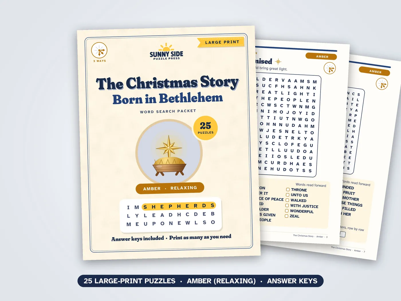 The Christmas Story packet, Amber level: its cover and two of its puzzle pages.