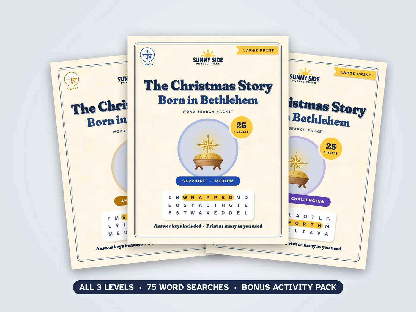 The three Christmas Story packets, Amber, Sapphire and Diamond, side by side.
