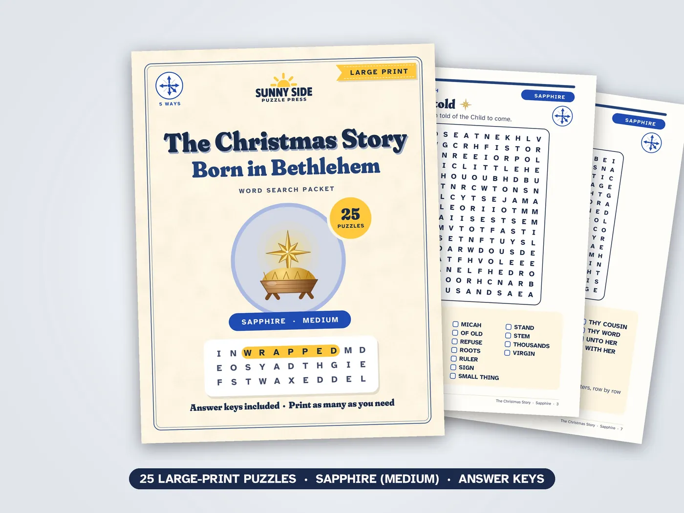 The Christmas Story packet, Sapphire level: its cover and two of its puzzle pages.