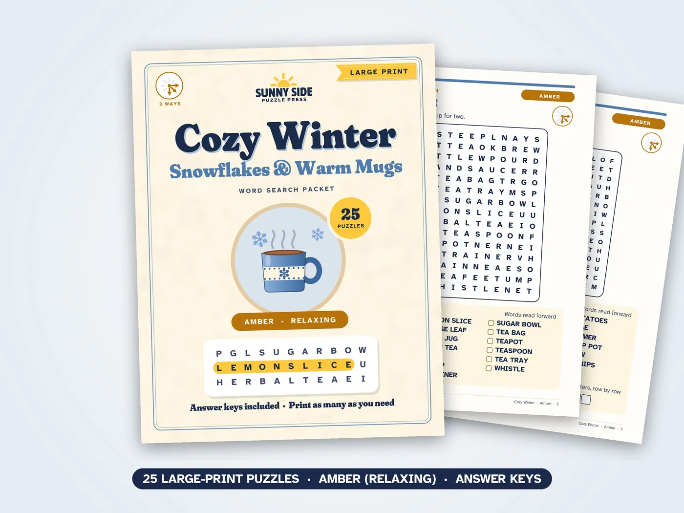 The Cozy Winter packet, Amber level: its cover and two of its puzzle pages.