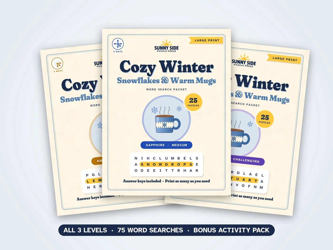 The three Cozy Winter packets, Amber, Sapphire and Diamond, side by side.
