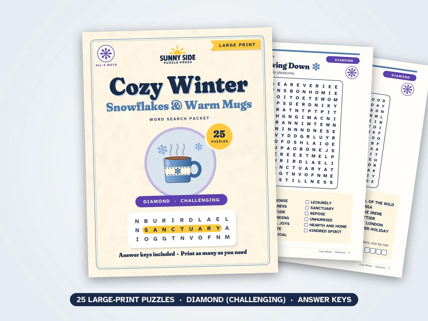The Cozy Winter packet, Diamond level: its cover and two of its puzzle pages.