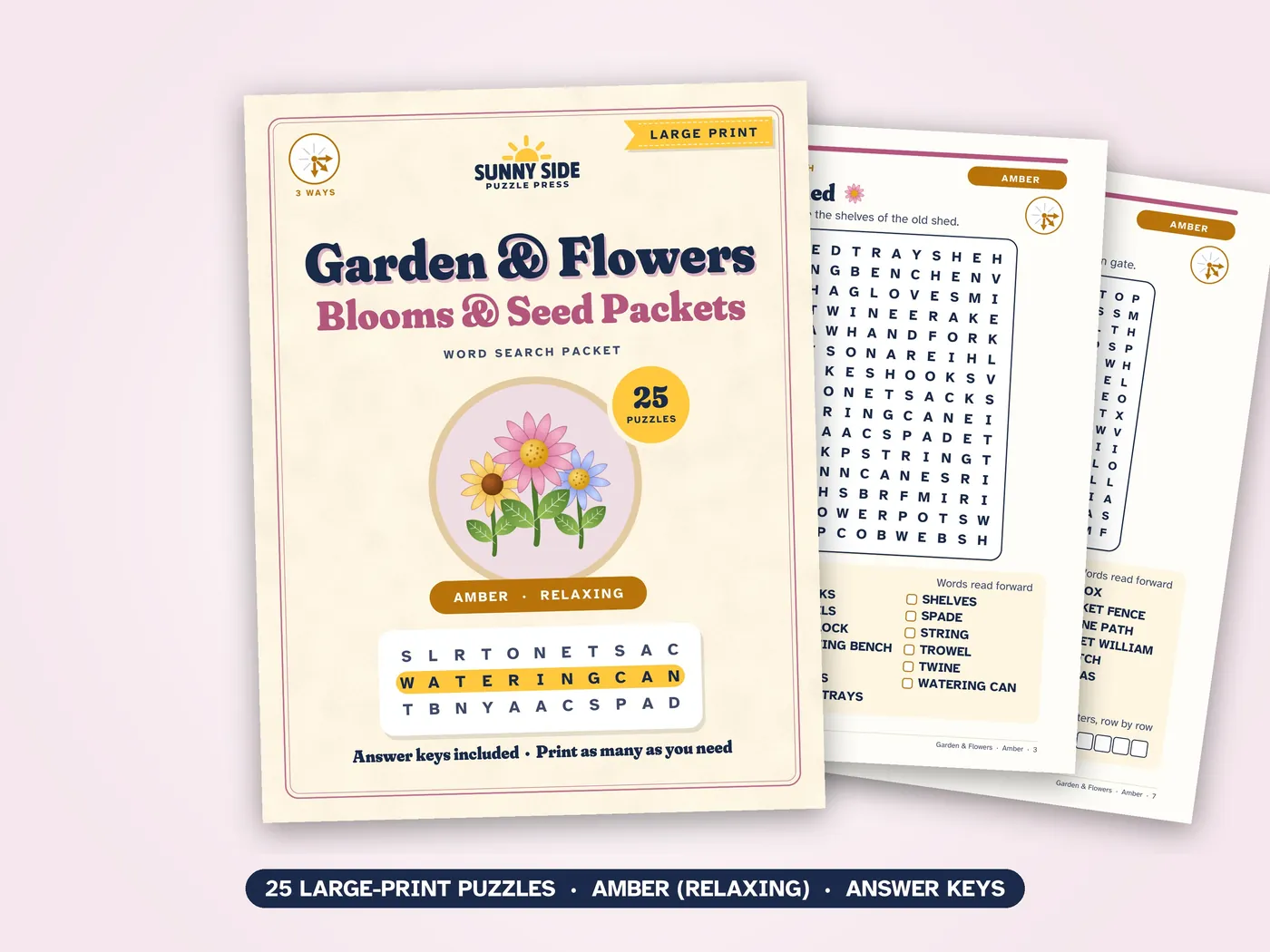 The Garden & Flowers packet, Amber level: its cover and two of its puzzle pages.