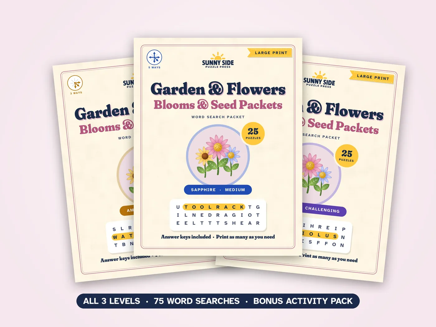 The three Garden & Flowers packets, Amber, Sapphire and Diamond, side by side.