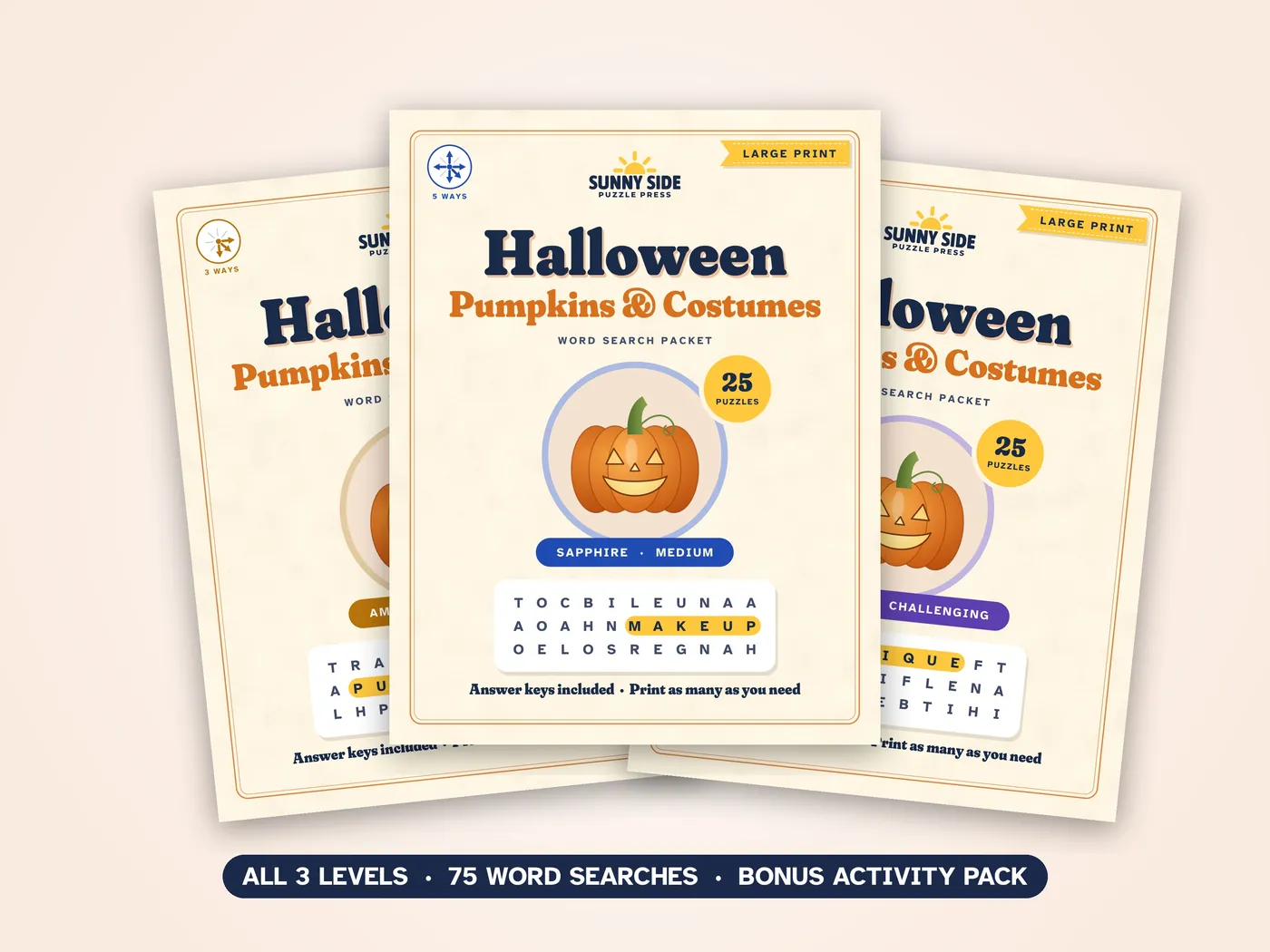 The three Halloween packets, Amber, Sapphire and Diamond, side by side.