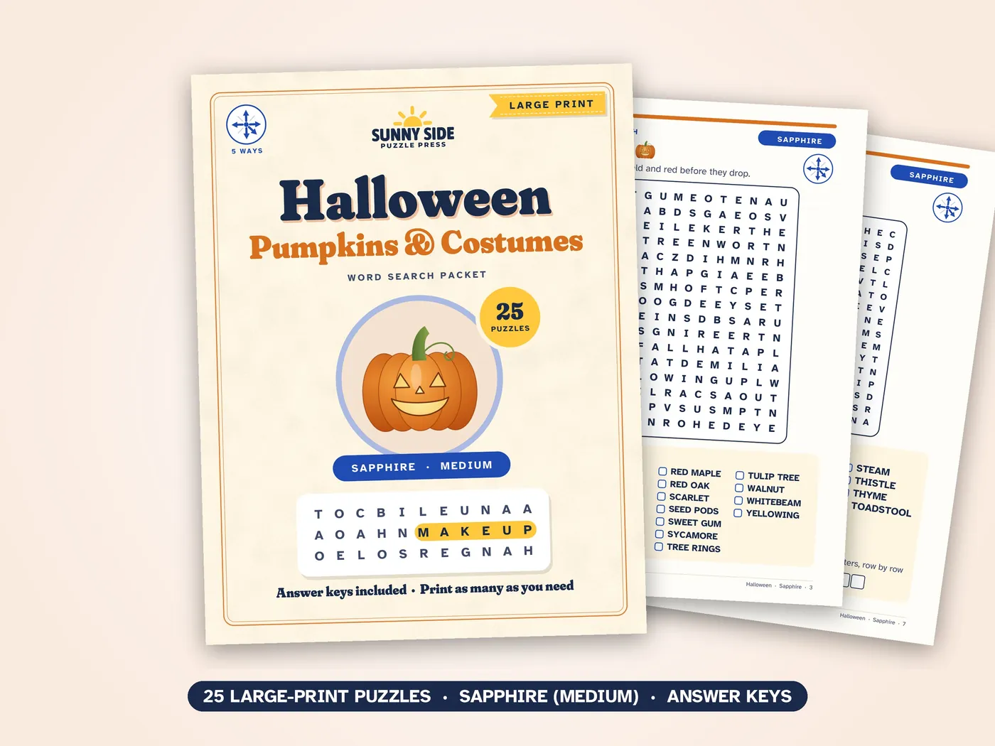 The Halloween packet, Sapphire level: its cover and two of its puzzle pages.