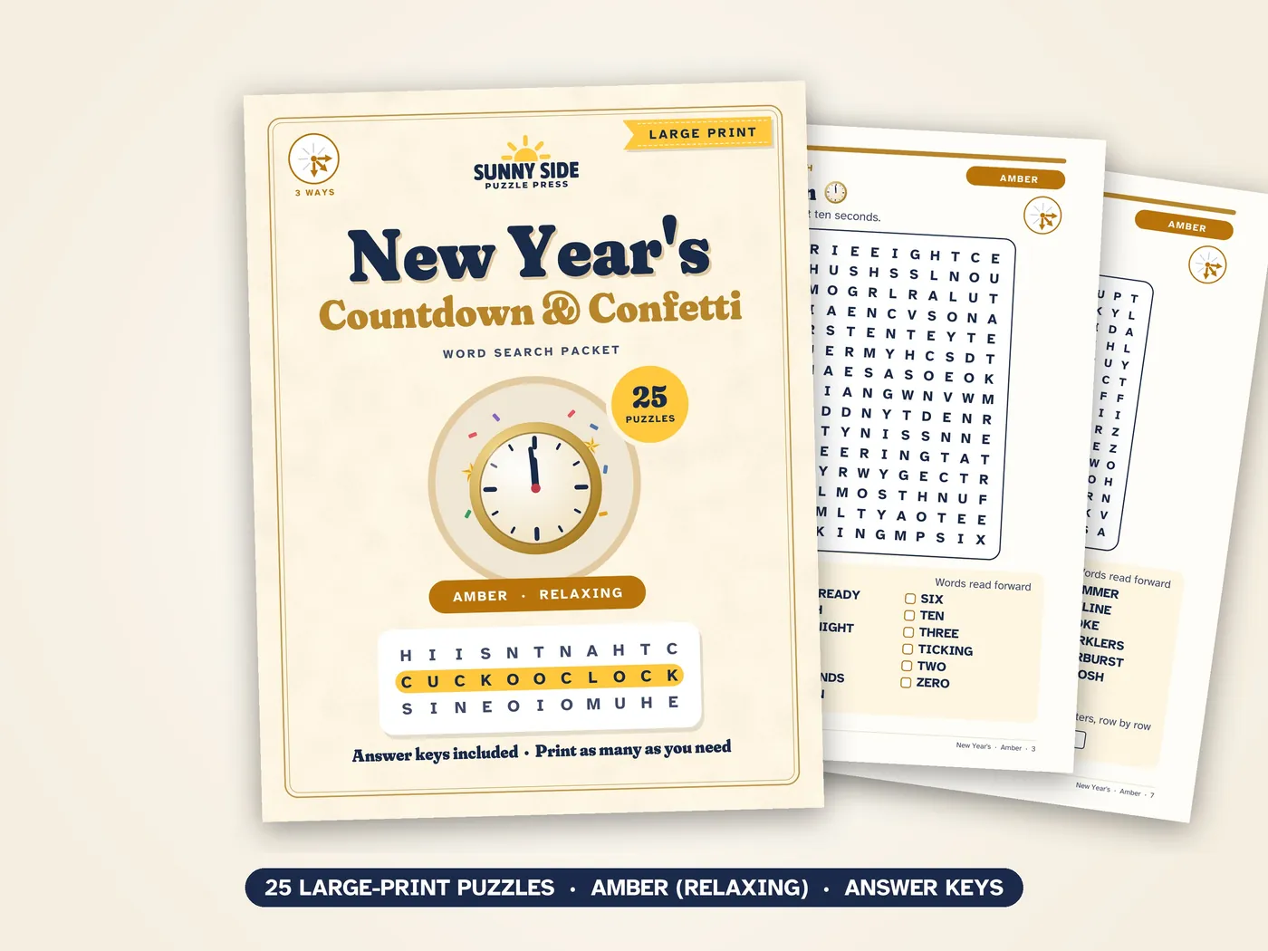 The New Year's packet, Amber level: its cover and two of its puzzle pages.
