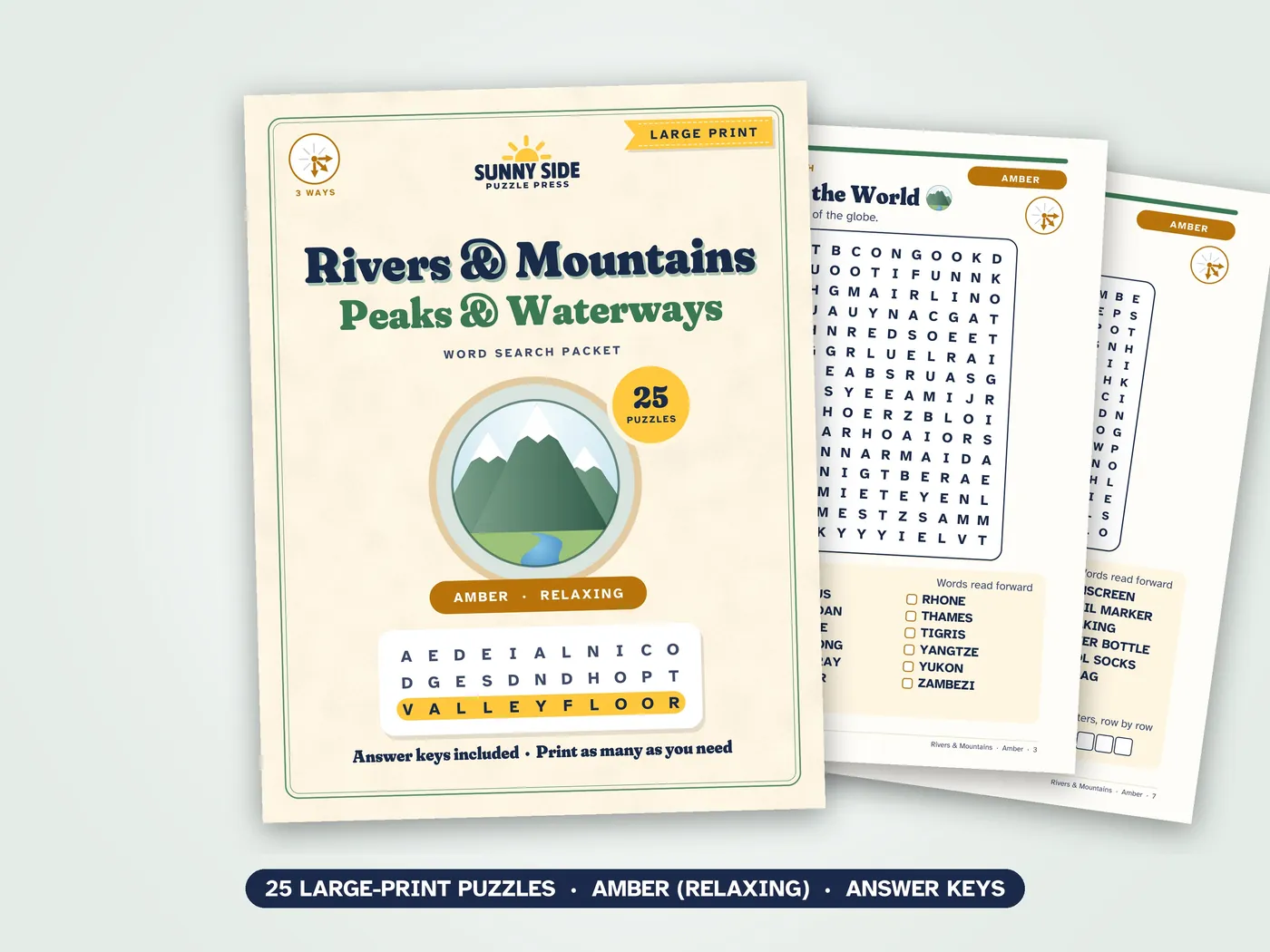 The Rivers & Mountains packet, Amber level: its cover and two of its puzzle pages.