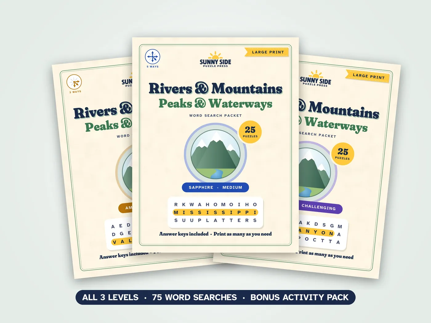 The three Rivers & Mountains packets, Amber, Sapphire and Diamond, side by side.