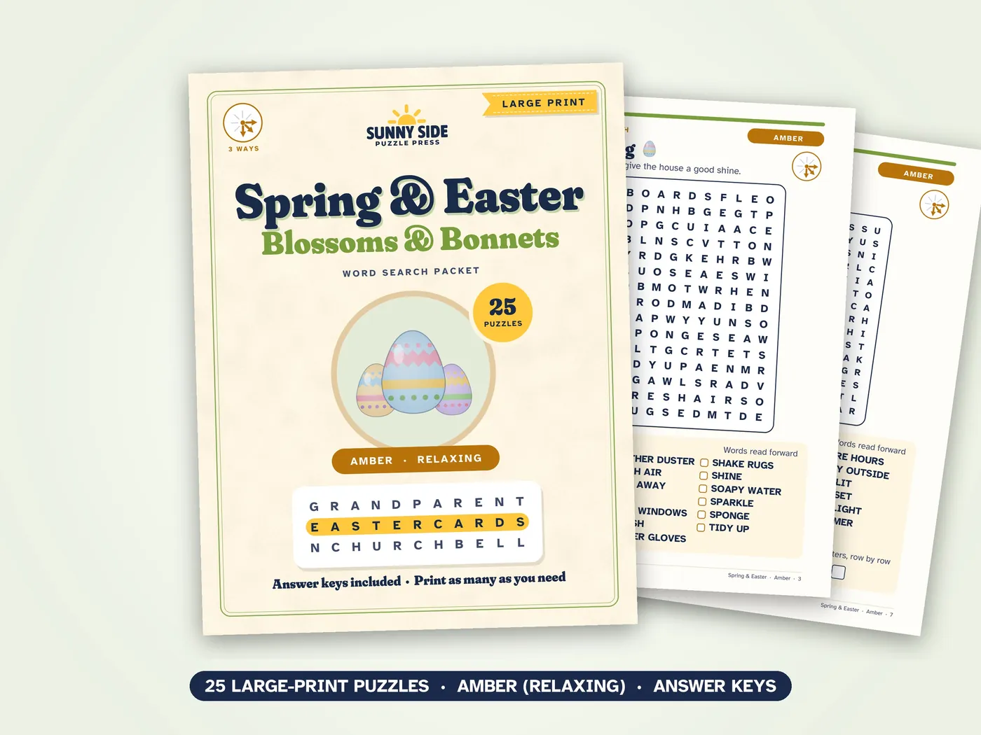 The Spring & Easter packet, Amber level: its cover and two of its puzzle pages.