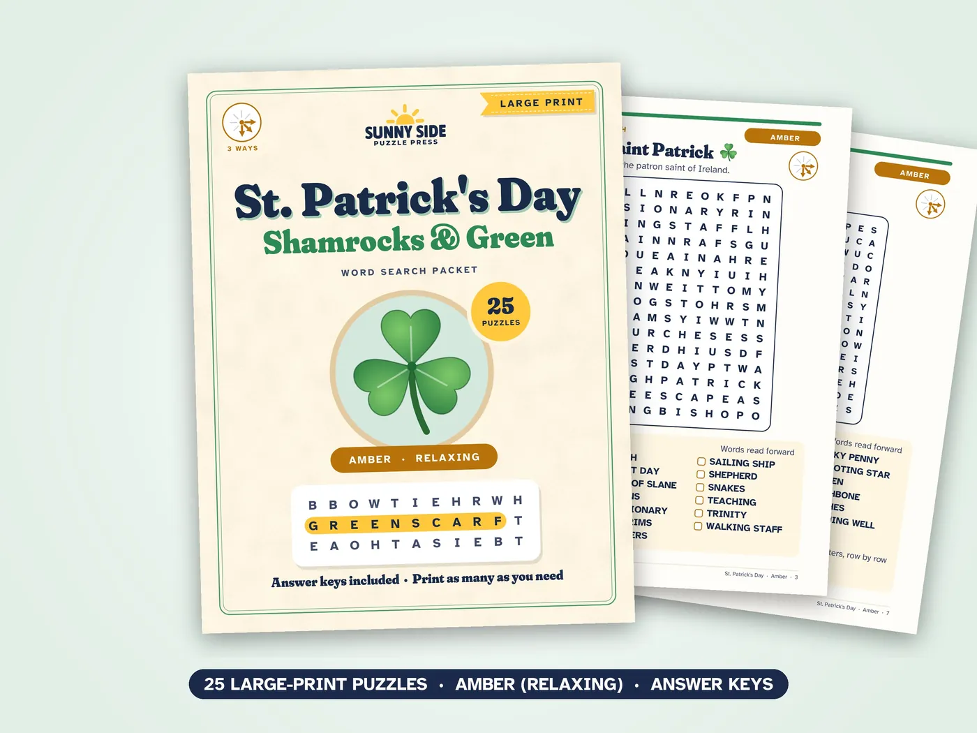 The St. Patrick's Day packet, Amber level: its cover and two of its puzzle pages.