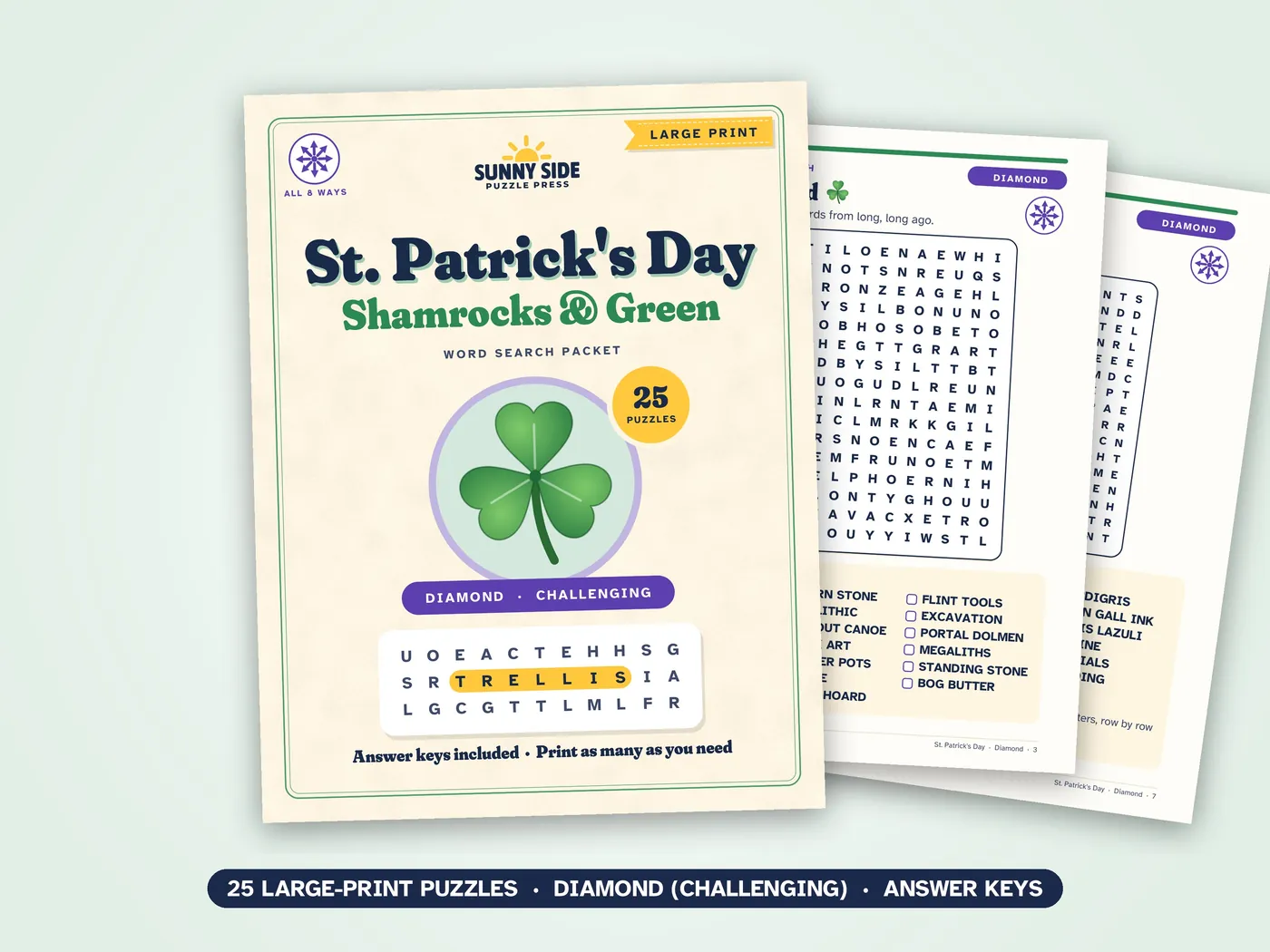 The St. Patrick's Day packet, Diamond level: its cover and two of its puzzle pages.