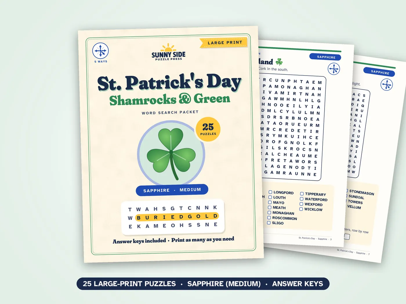 The St. Patrick's Day packet, Sapphire level: its cover and two of its puzzle pages.