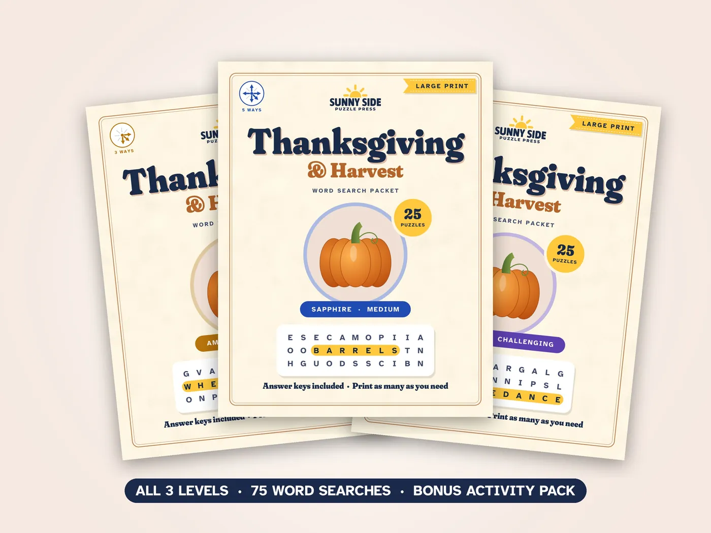 The three Thanksgiving & Harvest packets, Amber, Sapphire and Diamond, side by side.