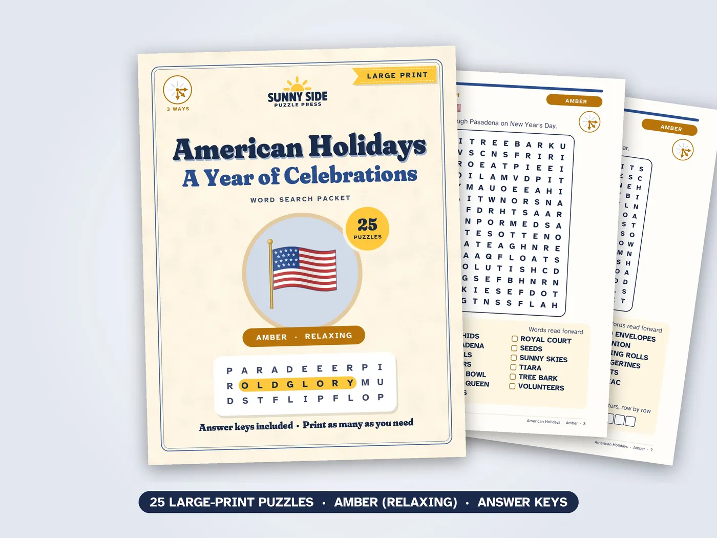 The American Holidays packet, Amber level: its cover and two of its puzzle pages.