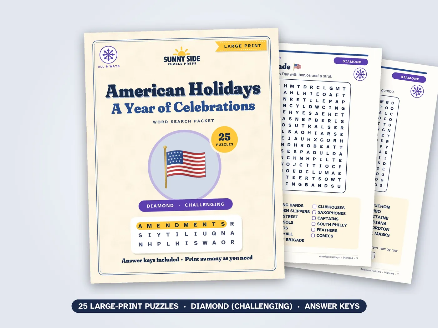 The American Holidays packet, Diamond level: its cover and two of its puzzle pages.