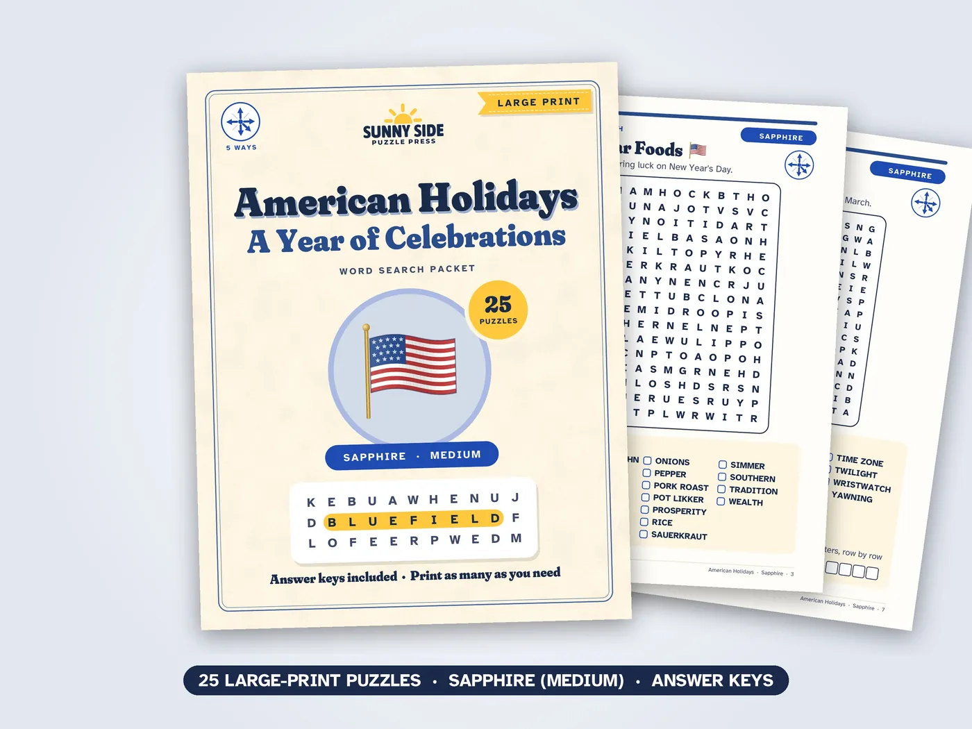 The American Holidays packet, Sapphire level: its cover and two of its puzzle pages.