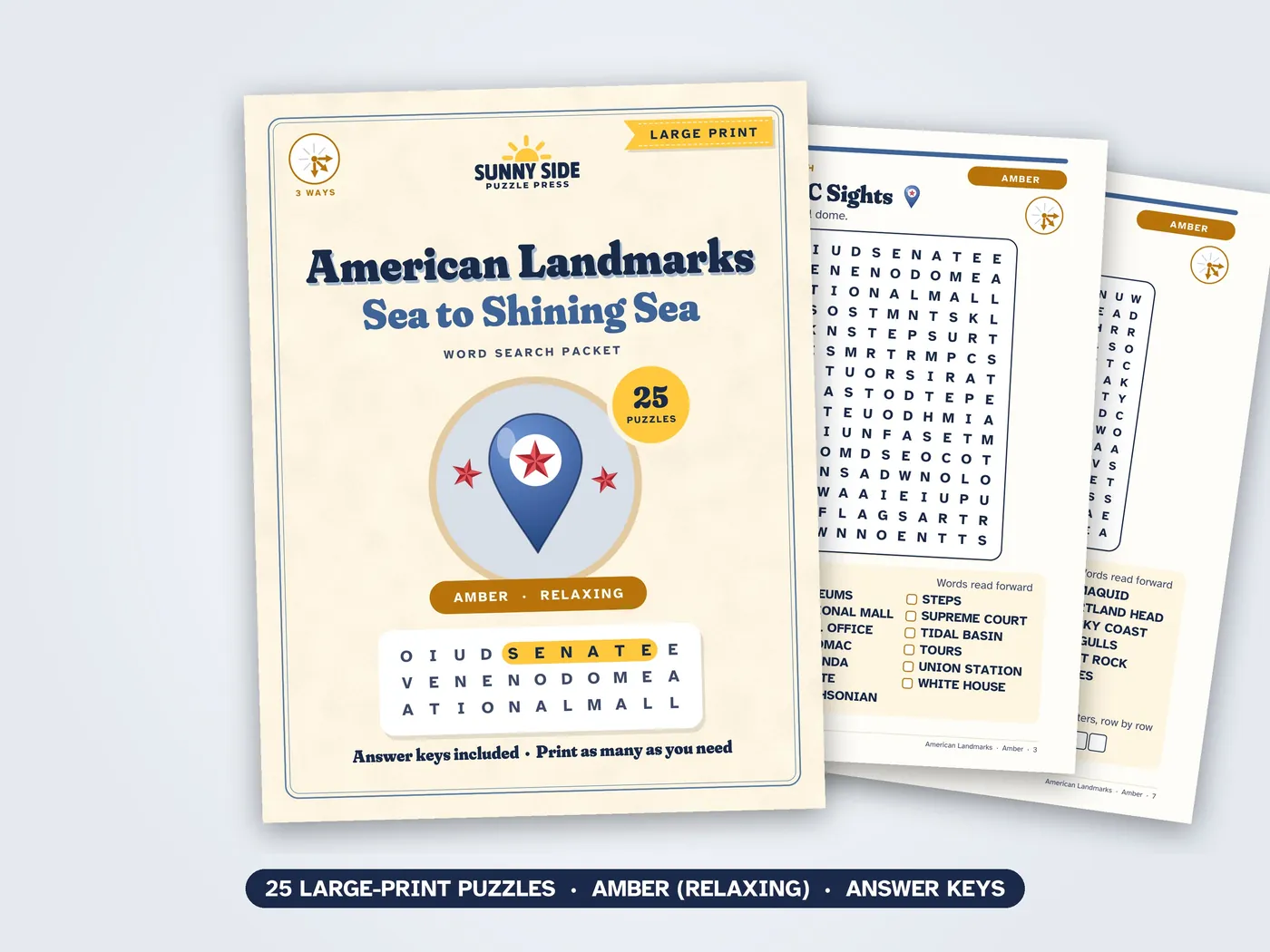 The American Landmarks packet, Amber level: its cover and two of its puzzle pages.