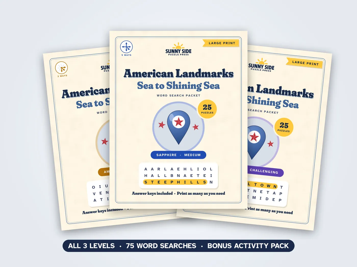 The three American Landmarks packets, Amber, Sapphire and Diamond, side by side.