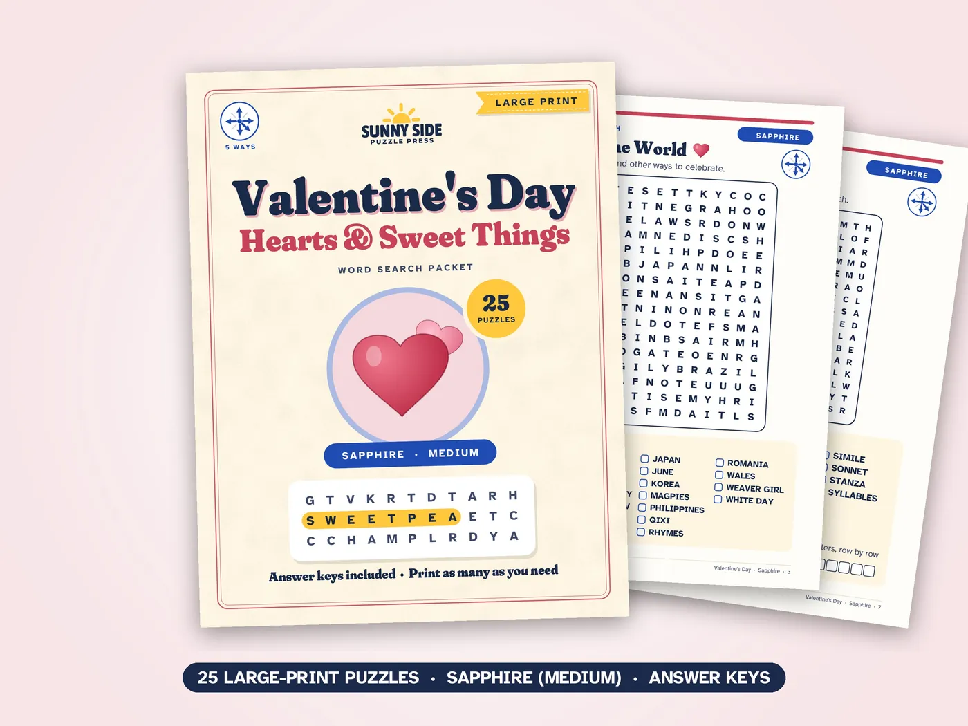 The Valentine's Day packet, Sapphire level: its cover and two of its puzzle pages.