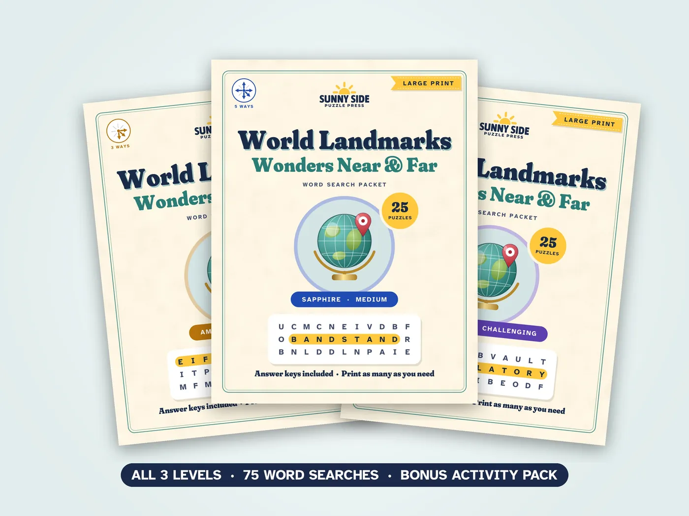 The three World Landmarks packets, Amber, Sapphire and Diamond, side by side.