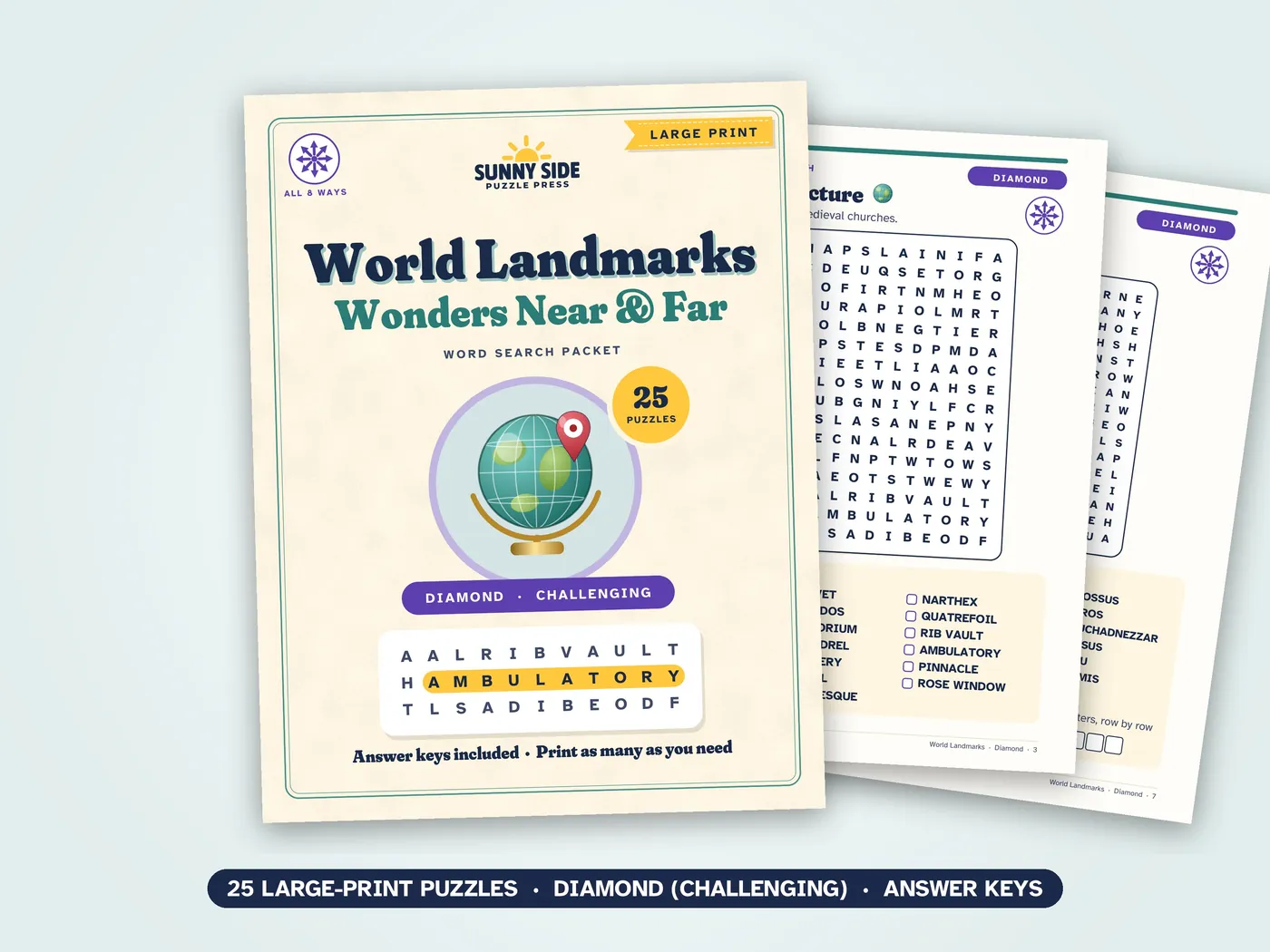 The World Landmarks packet, Diamond level: its cover and two of its puzzle pages.