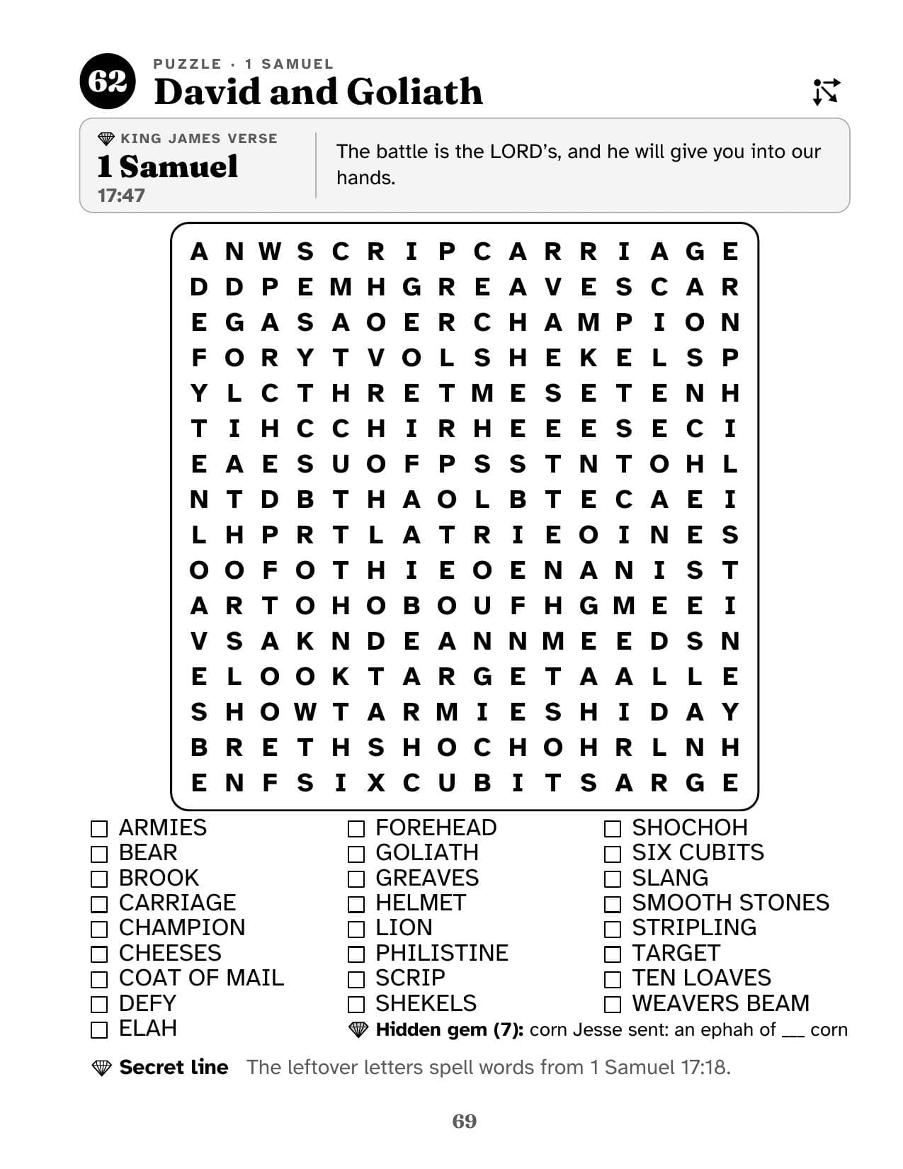 Sample puzzle page, David and Goliath, with a King James verse, 1 Samuel 17:47, above the grid, and a hidden gem clue and the secret line's verse under the word list.
