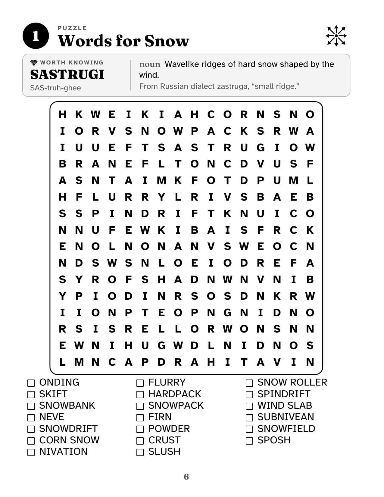 Sample puzzle page, Words for Snow, with a featured word card above the grid.