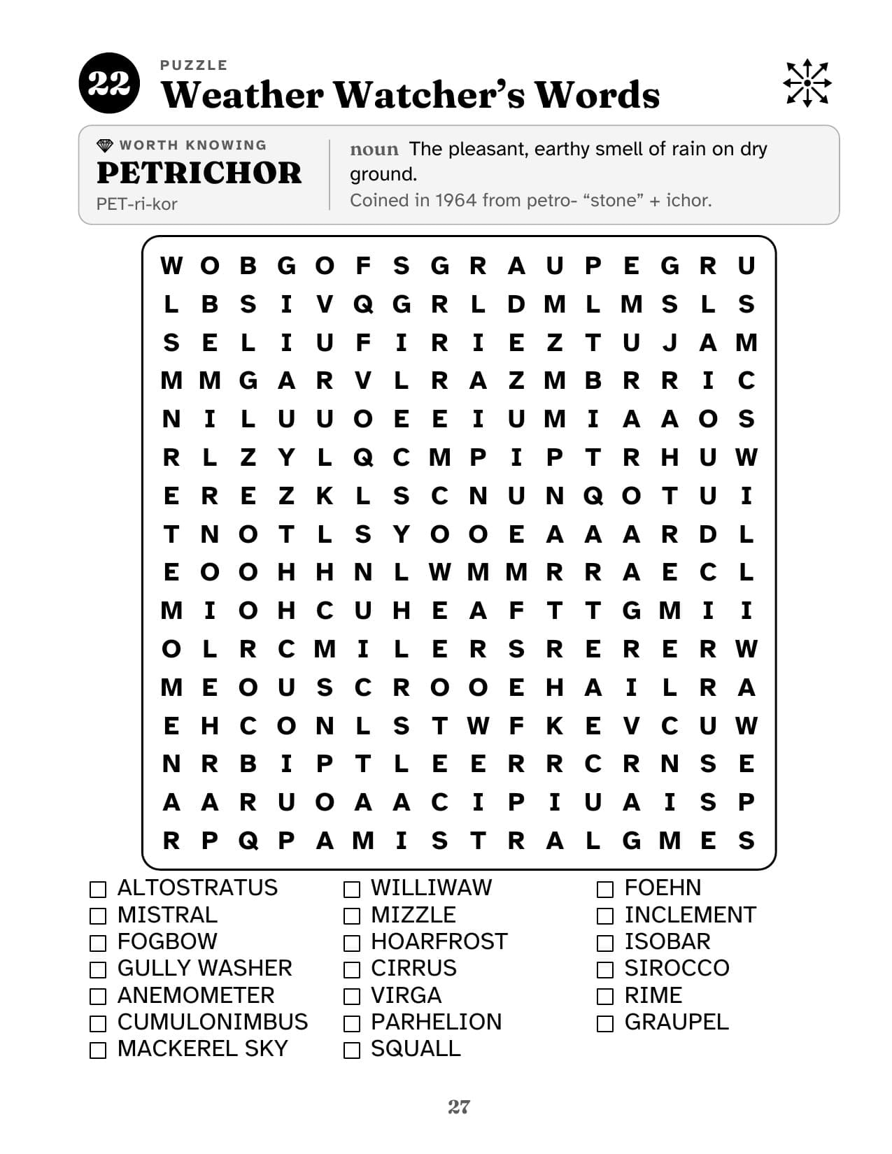 Sample puzzle page, Weather Watcher's Words, with a featured word card above the grid.