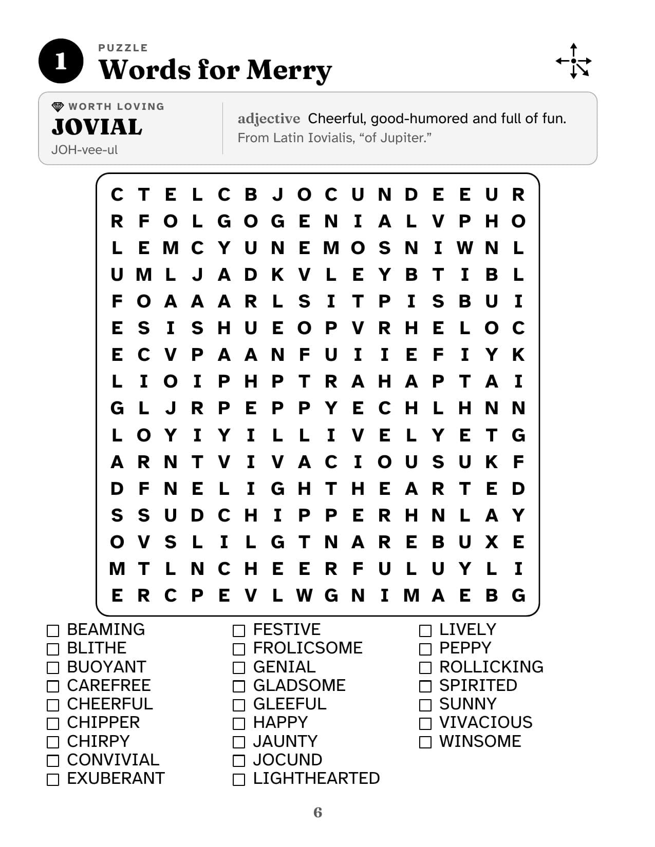 Sample puzzle page, Words for Merry, with a featured word card above the grid.