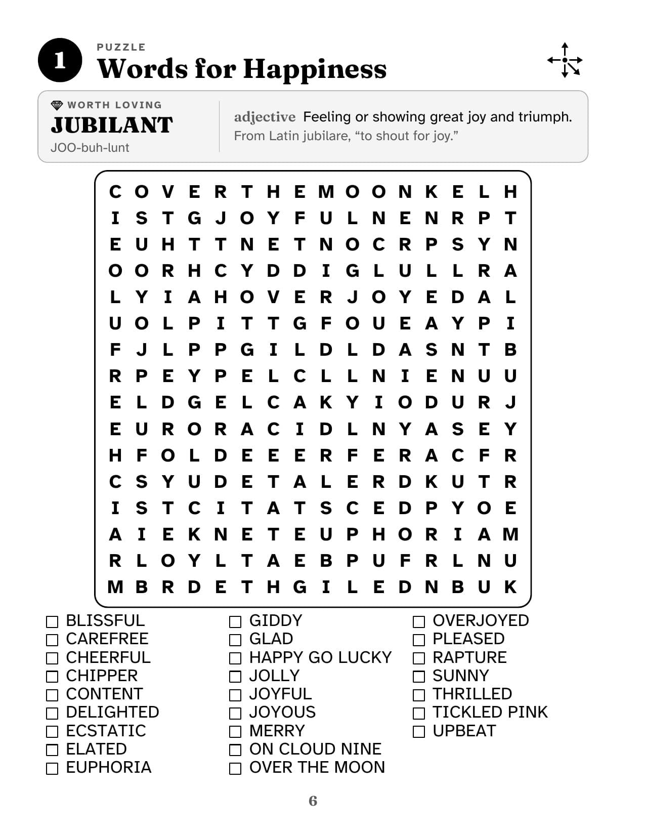Sample puzzle page, Words for Happiness, with a featured word card above the grid.